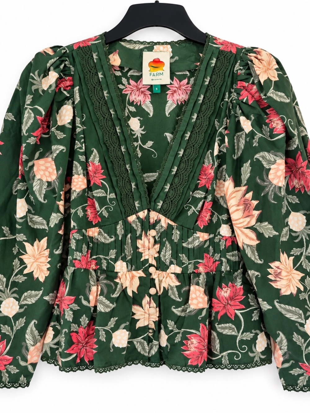 FARM Rio Green Floral Lace Trim Blouse – Size Small